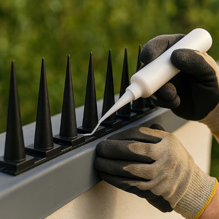 Detail of technician applying UV‑safe adhesive to plastic bird spike base on a ledge.