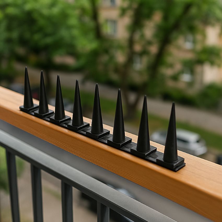 Finished install on balcony railing showing clean rail top and transparent bird spikes in use