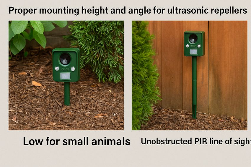 Proper mounting height and angle for ultrasonic repellers, low for small animals and higher for deer, with an unobstructed PIR line of sight