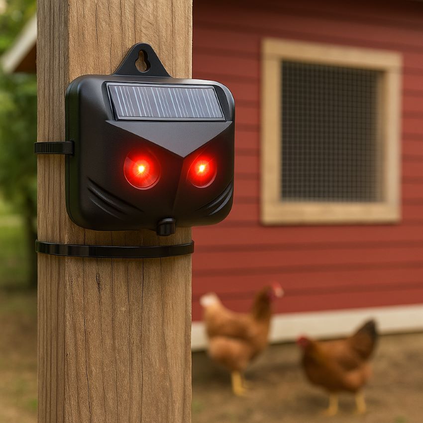 Unit mounted with zip ties or screws on a coop corner or wooden post. 