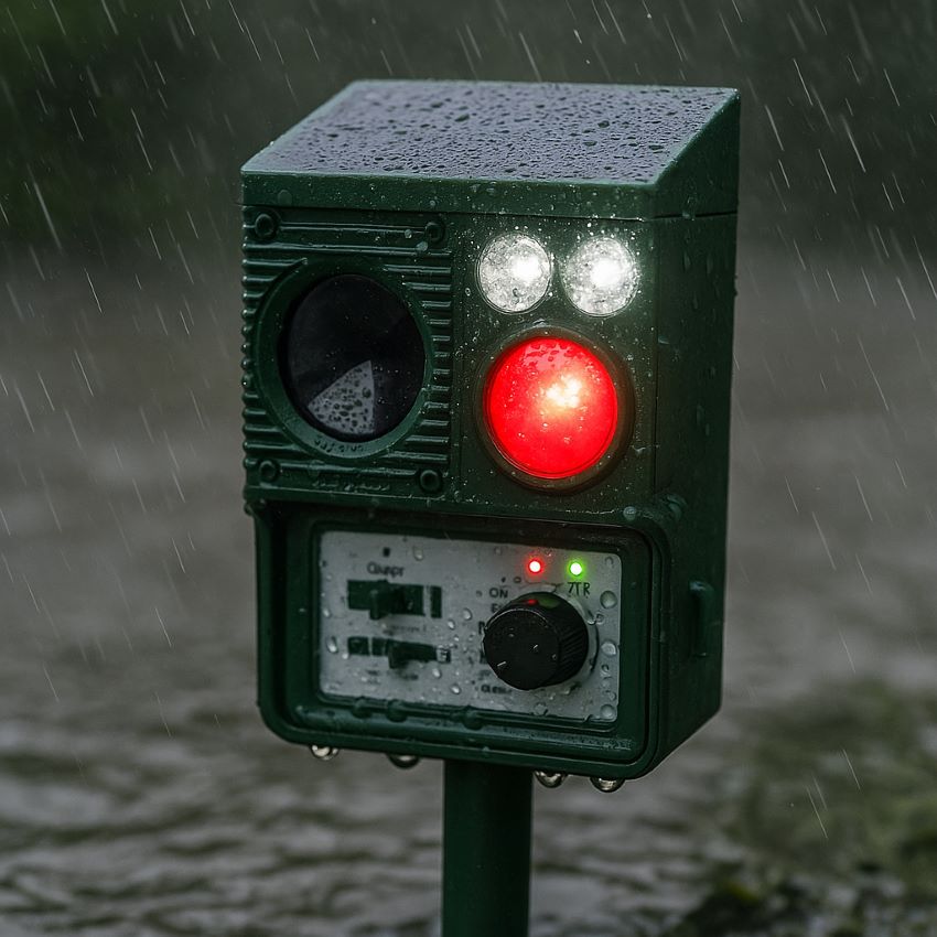 Solar animal repeller with water droplets on its casing and LED glowing during rainfall to show waterproof durability