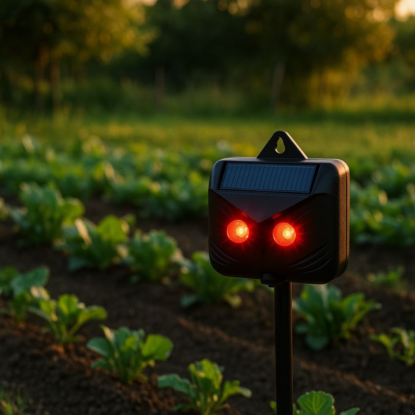 Solar light mounted at deer/coyote eye‑level facing a garden border.