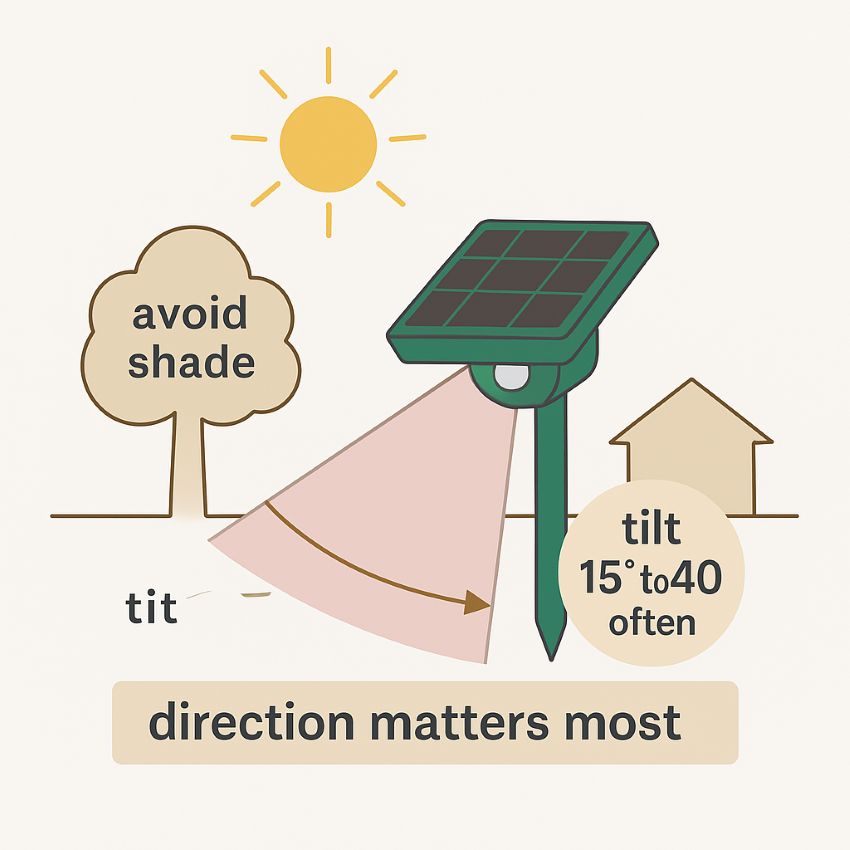 Simple solar diagram showing a south-facing panel with light tilt and no shade, plus a note that direction has the biggest impact