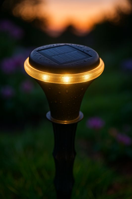 Soft LED light from solar pest repeller glowing in the garden at twilight