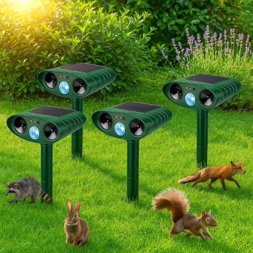 Four green solar ultrasonic repeller units staked across a green garden protecting against wildlife