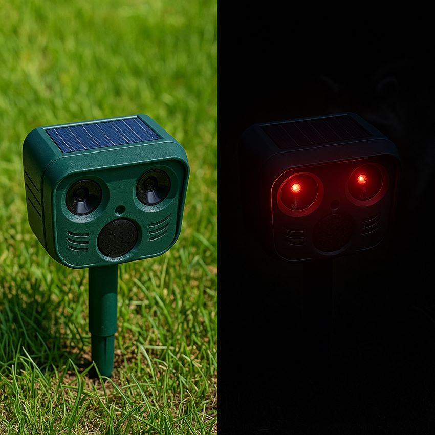 Same animal repeller in daylight charging, and then glowing red in low-light strobe and flash mode at night, with shadow of a raccoon nearby
