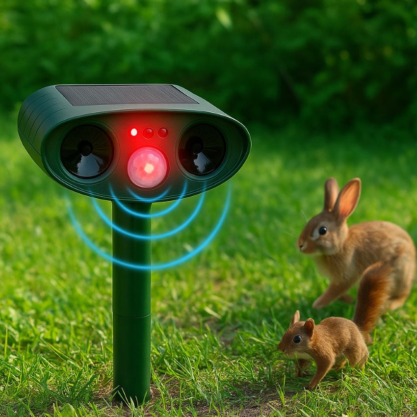 Solar animal repeller flashing red light and ultrasonic waves as small animals retreat