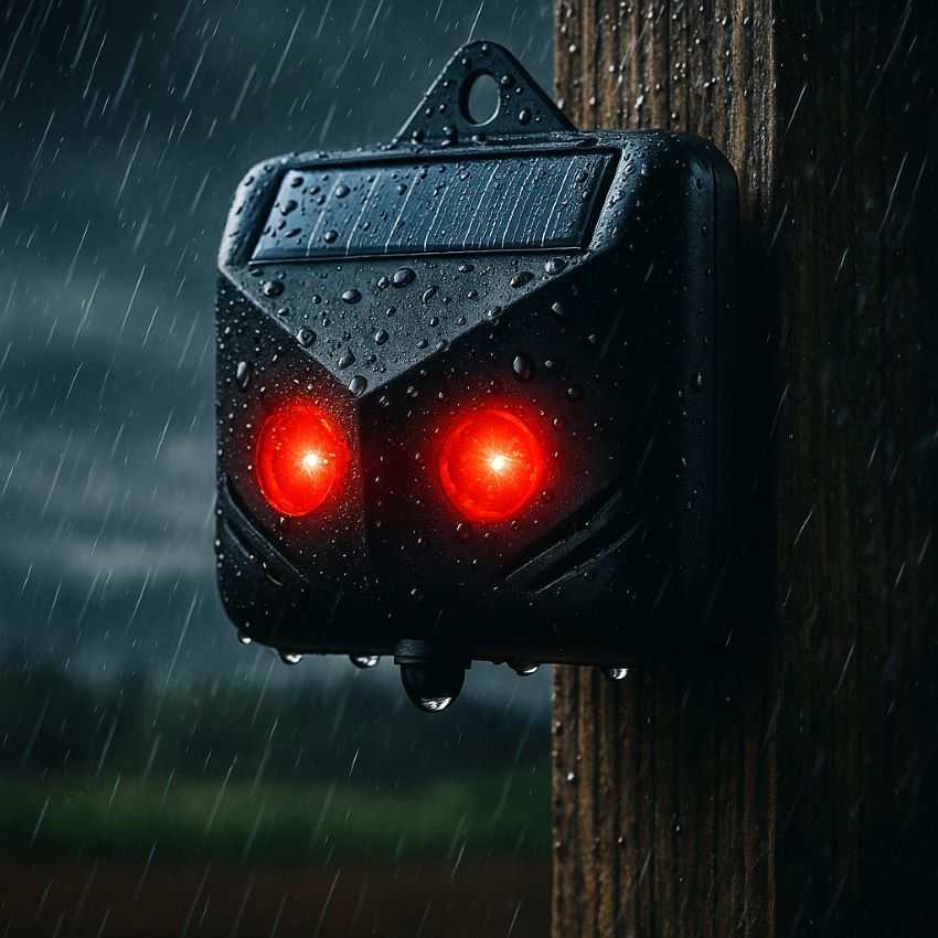 olar predator repeller operating outdoors under light rain, demonstrating waterproof design