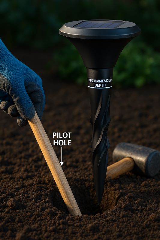 Stake partially inserted into firm dirt; shows proper depth and pilot hole installation