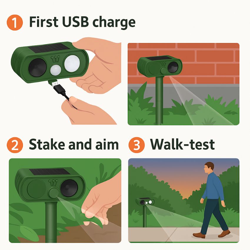 Three steps for setup, first USB charge, then staking and aiming the repeller, then a walk-test to confirm triggering