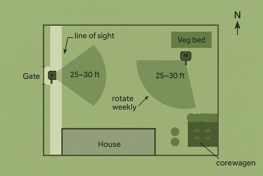 Top-down yard diagram showing two 110-degree motion-sensor coverage cones aimed at a gate and garden bed.