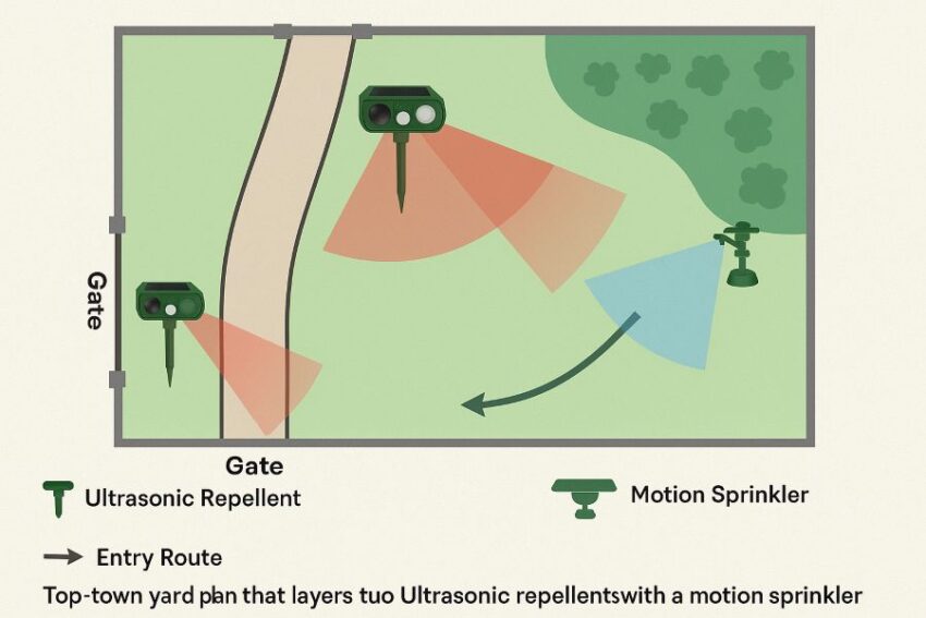 Top-down yard plan that layers two ultrasonic repellents with a motion sprinkler at a fence gap, showing coverage cones and entry routes