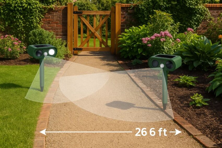Two solar ultrasonic animal repellers on stakes protecting a garden entrance, with overlapping 110-degree detection cones up to about 26 feet.