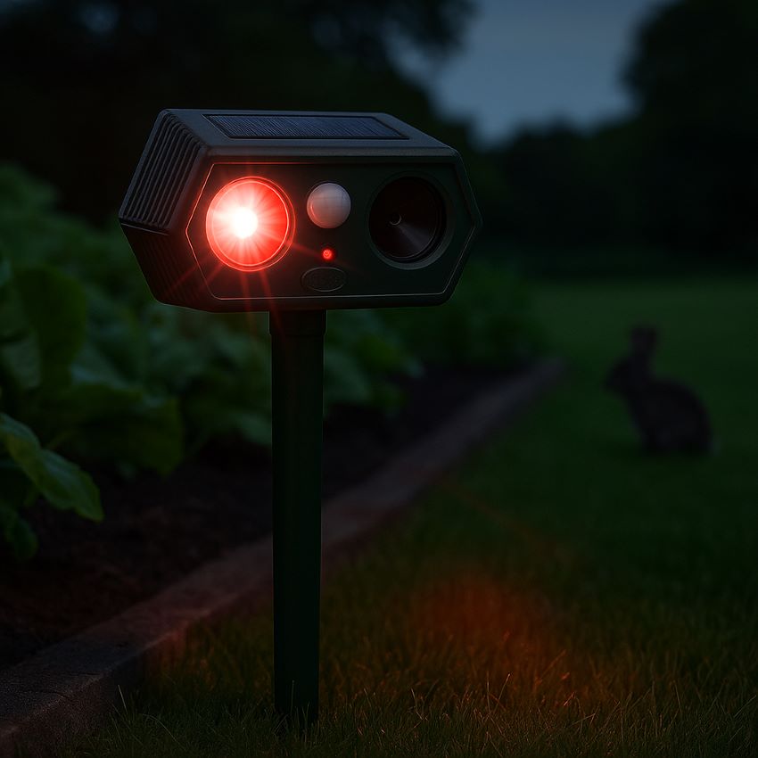 Ultrasonic repeller at dusk flashing red strobe light as motion is detected in the garden