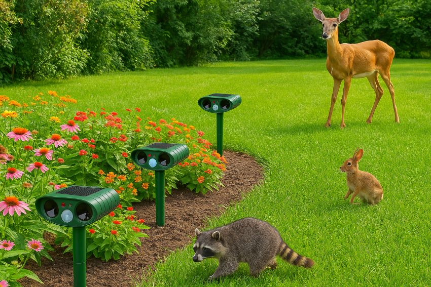 Wide backyard view with repeller units protecting garden from deer, raccoon, rabbits