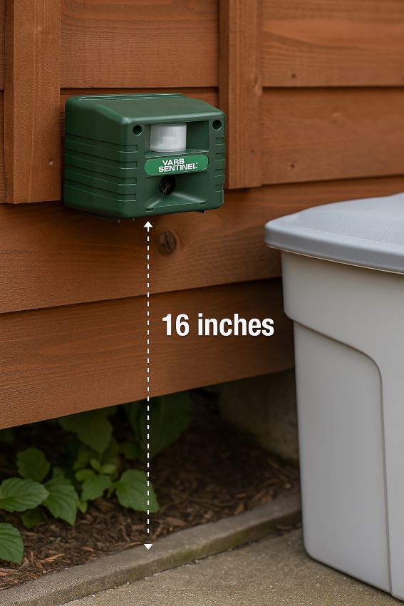 Proper mounting height of 16 inches above ground, angled toward area pests enter