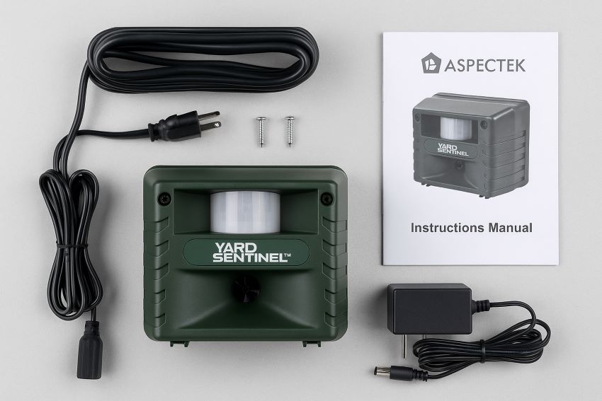 Yard Sentinel unit with extension cord, AC adapter, installation screws and instruction manual