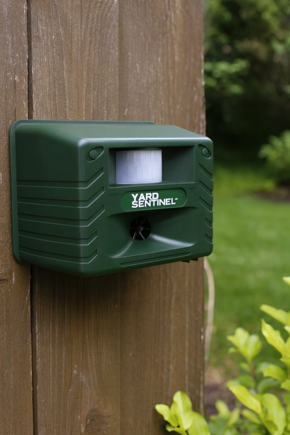 ASPECTEK Yard Sentinel attached to outdoor fence facing garden area.