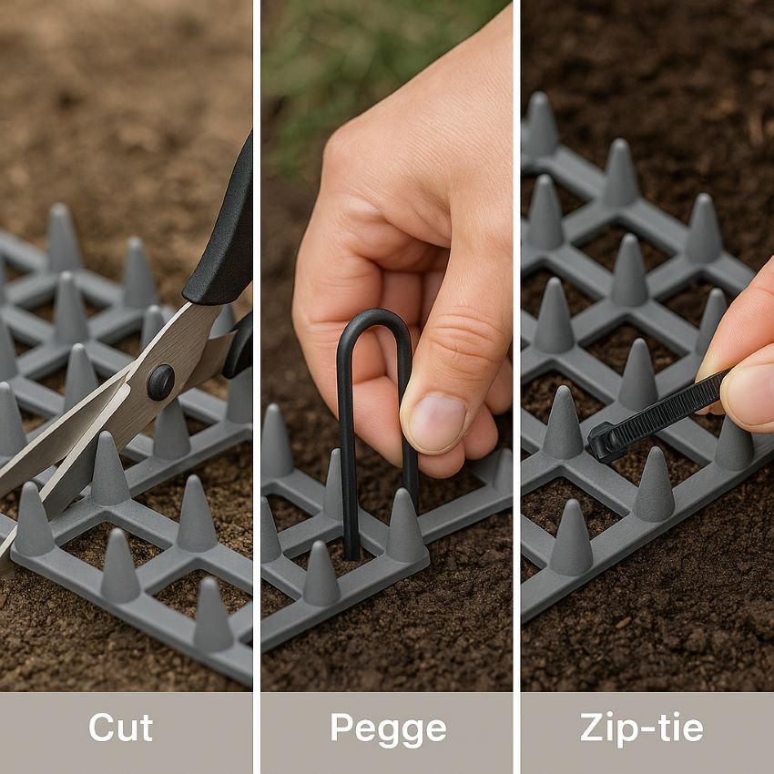 Zopeal mat being cut, pegged into soil, and zip‑tied for installation steps