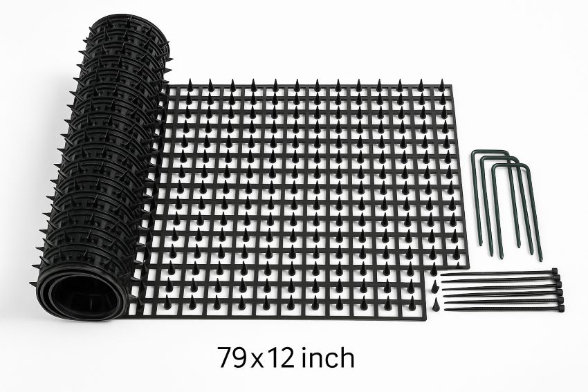 Zopeal 79×12 inch cat spike mat roll with stakes and zip‑ties on white background