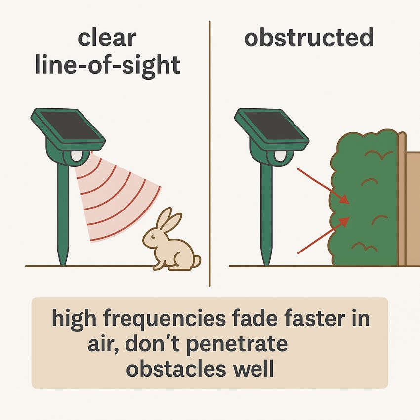 Comparison graphic showing a clear line-of-sight repeller placement versus a hedge-blocked placement where ultrasound and sensing are obstructed