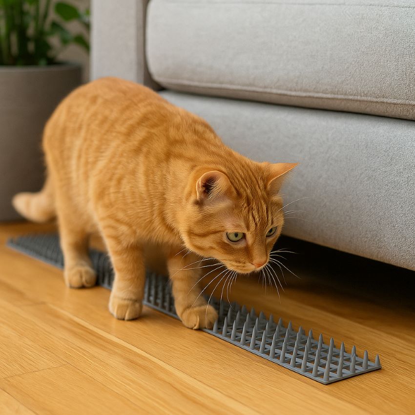 Cat hesitating to step on Zopeal spike mat placed along couch edge