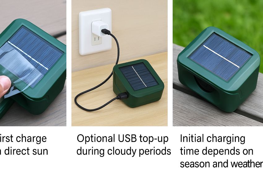 First charge in direct sun, optional USB top-up during cloudy periods, and note that initial charging time depends on season and weather