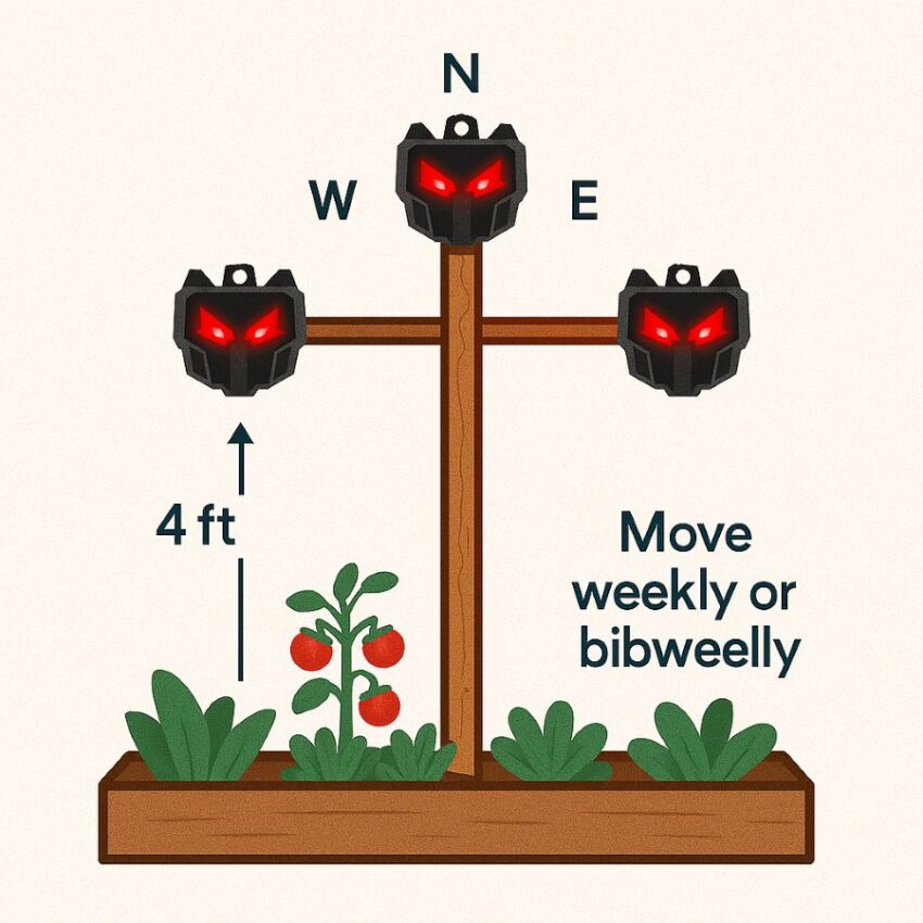 a single post at about 4 feet with four units pointing north, south, east and west, plus a small “move weekly or biweekly” note.