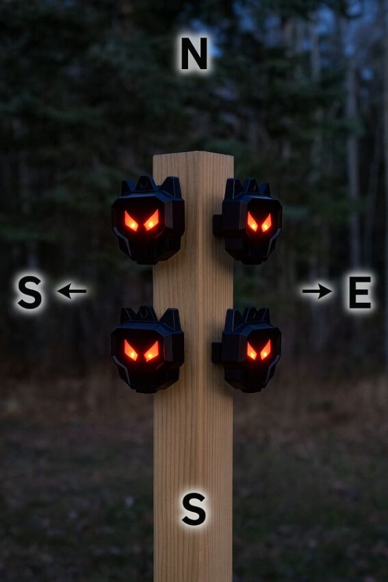 Deer setup, four lights on one post about four feet high, each facing a cardinal direction