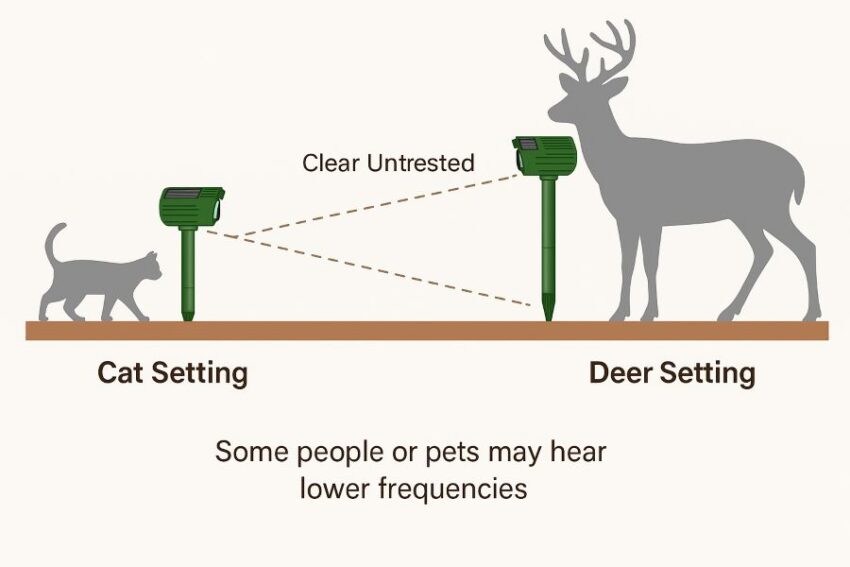 Side-view graphic showing a low mount for cats and a higher position for deer, both with a clear line of sight.