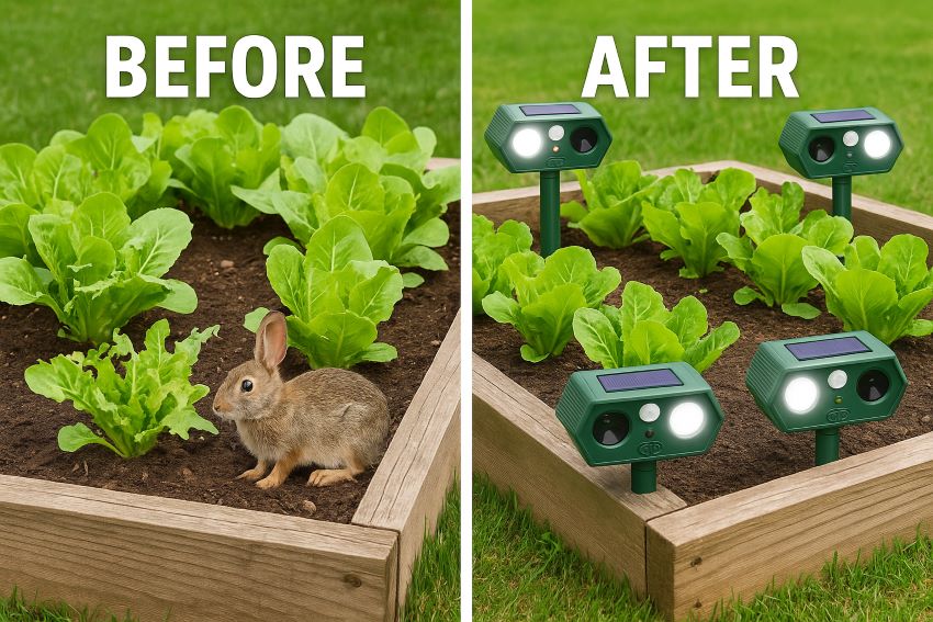 Side-by-side of a lettuce bed before installation (damaged by wildlife) and after protection with repellers (undisturbed)