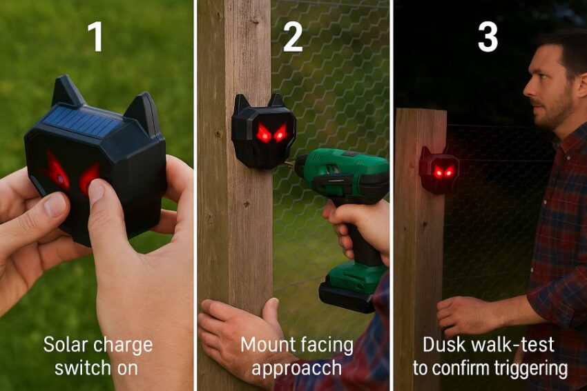 Three steps, solar charge, mount facing approach, dusk walk-test to confirm motion triggering