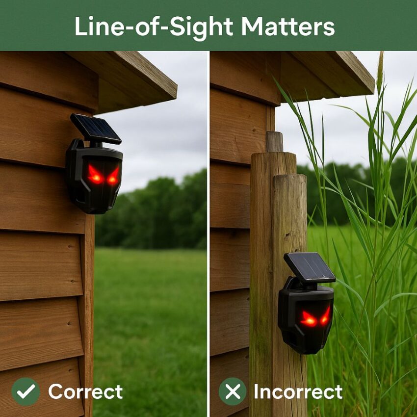 side-by-side photos, correct installation with clear sight lines, and incorrect, blocked by tall grass or posts.