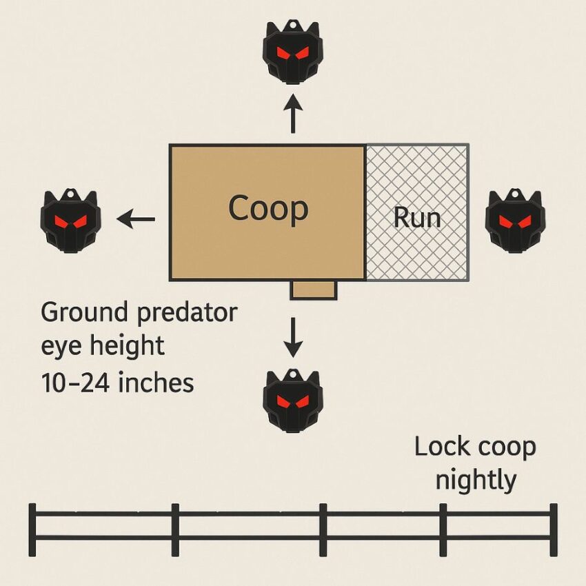 Top-down plan with four outward-facing lights around a coop at predator eye height, lock coop nightly.