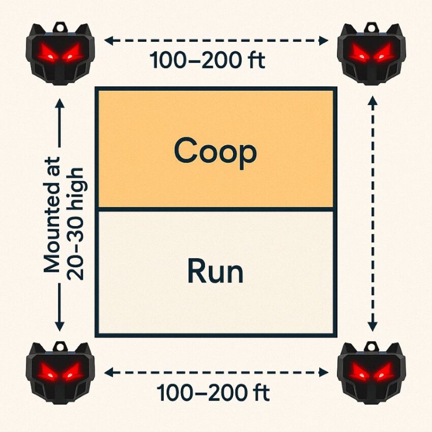 top-down map of a coop with four red-eye lights at predator eye height, facing outward, spaced around all sides.