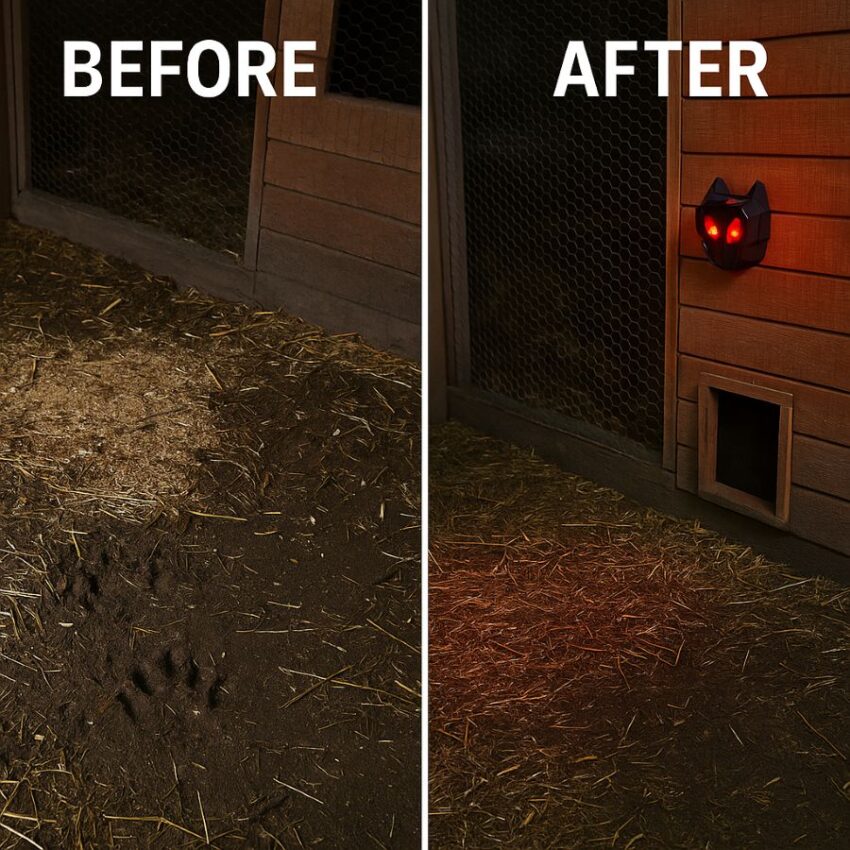 Before and after, raccoon sign near coop versus lights placed at animal eye level with secure, locked door