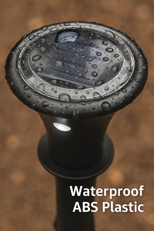 Transparent rain droplets on ABS plastic stake housing to illustrate waterproof (IP65) design