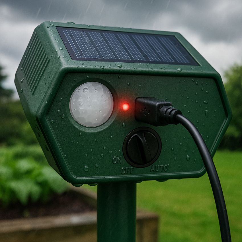 the repeller’s USB charging port being used to boost battery power on a cloudy day