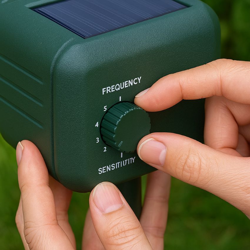 Hands adjusting the sensitivity and frequency dials on the side of the repeller, visible markings Mode 1–5.