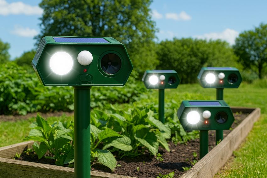 Four solar-powered ultrasonic animal repeller units with LED strobe lights installed around a raised vegetable garden bed on a sunny day, showing solar panels, motion sensors, and speakers