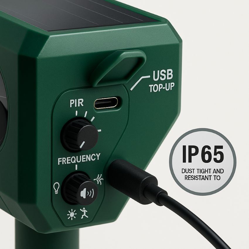 solar animal repeller showing USB charging port and IP65 weather-resistant labeling