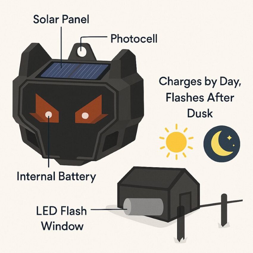 solar panel, photocell, internal battery and LED flash window, with a “charges by day, flashes after dusk” timeline.