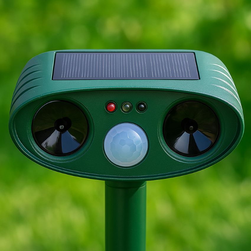 solar powered ultrasonic garden repeller showing PIR sensor, speakers and solar panel