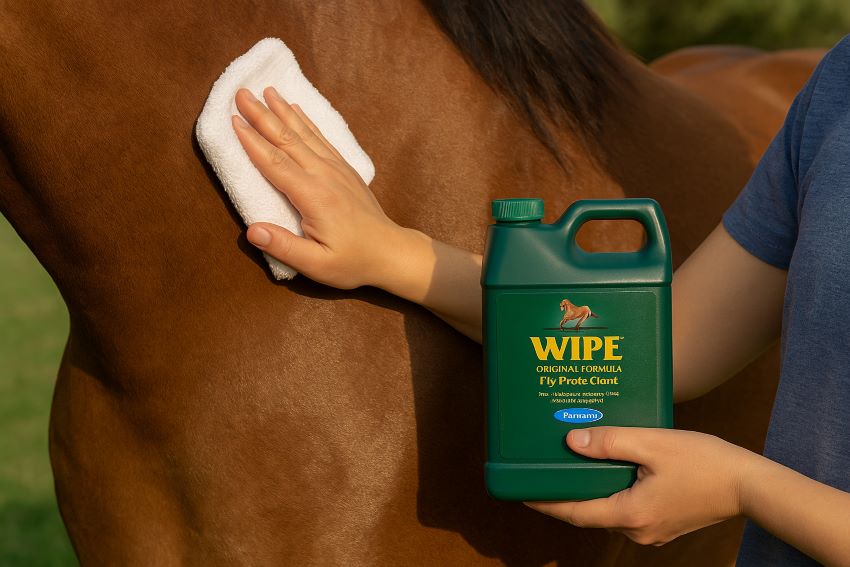 Person wiping applicator onto a horse’s shoulder with Farnam Wipe