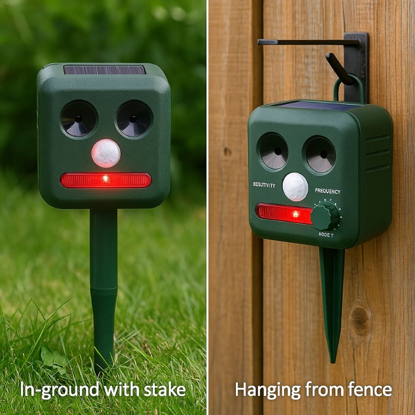 Repeller installed both in-ground with stake and hanging from fence using bracket, side-by-side for comparison.