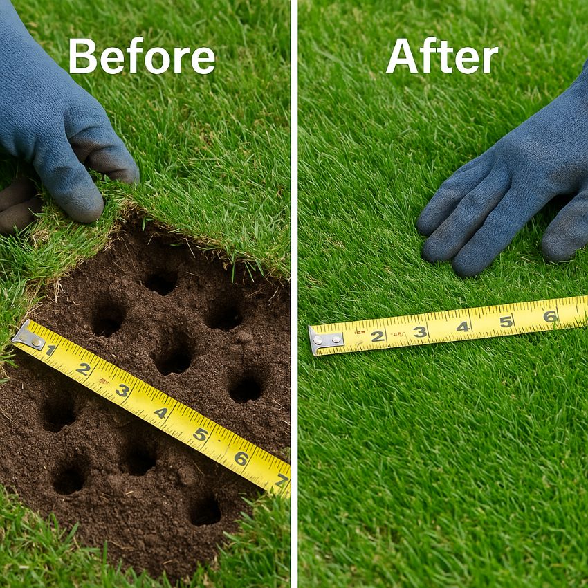Close-up of turf with several small cone-shaped holes that indicate skunk foraging.