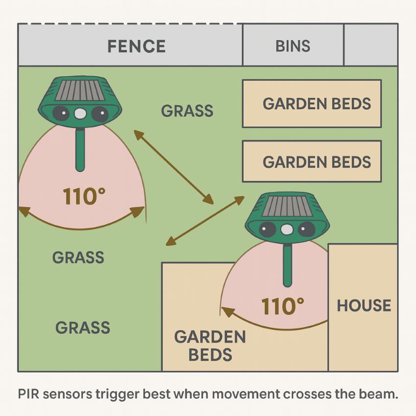 Overhead diagram of a yard showing two solar ultrasonic animal repellers aimed across entry paths, with overlapping 110-degree detection cones covering beds and bins