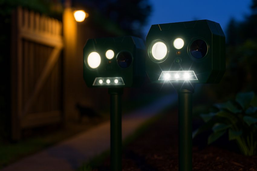 wo solar ultrasonic animal repellers at dusk, LEDs flashing as a motion sensor triggers near a garden gate.