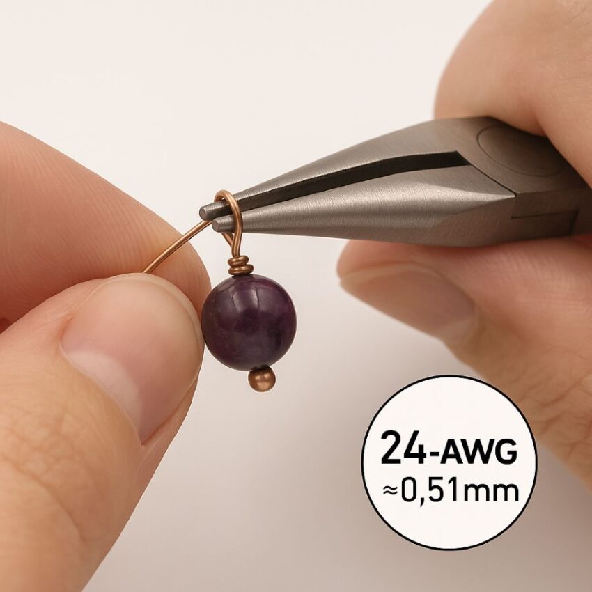 24-gauge copper wire forming a wrapped loop above a bead using round-nose pliers