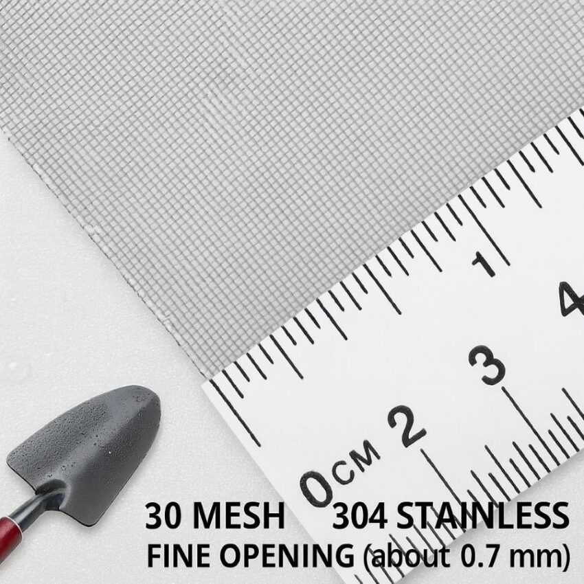 30-mesh 304 stainless steel wire cloth with ruler showing the fine 0.7 millimeter opening